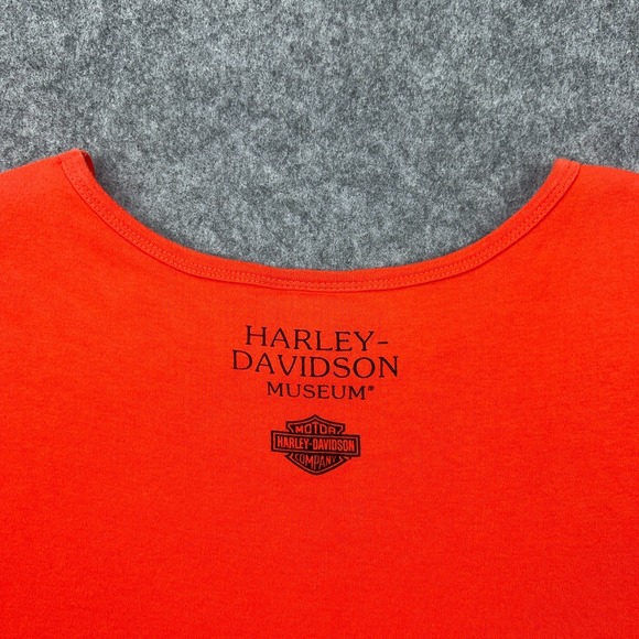 Harley Davidson Shirt Women Medium Orange Short Sleeve Motorcycle Museum Tee Y2K - Picture 8 of 12